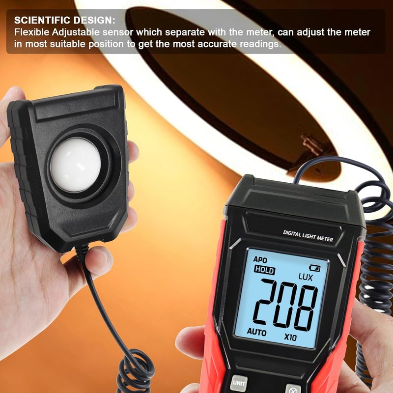DANOPLUS Light Meter Digital Lux Meter Handheld Illuminance Light Meter with 360 Degree Rotating Sensor, 4 Digit LCD Display 0~200,000 Measurement Range Luxmeter Tester for Plants, Headlights, Home & Office - Image 2